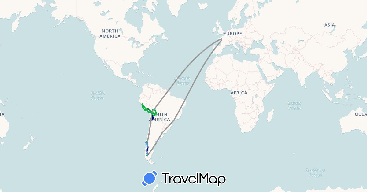 TravelMap itinerary: driving, bus, plane, cycling, hiking, boat, motorbike in Argentina, Bolivia, Brazil, Chile, France, Peru (Europe, South America)
